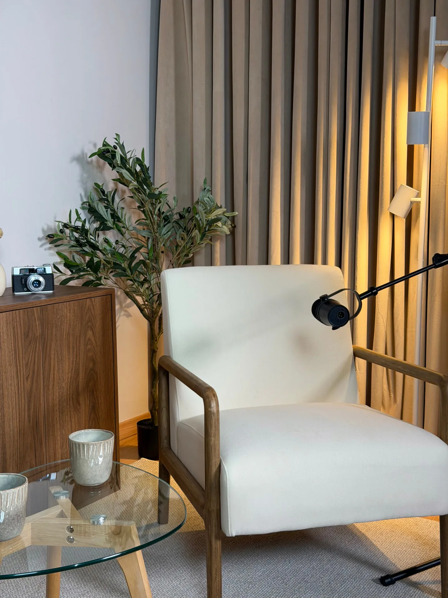 Otro ángulo del set: sillón, micrófono en brazo articulado y mesa de cristal con dos tazas junto a una planta