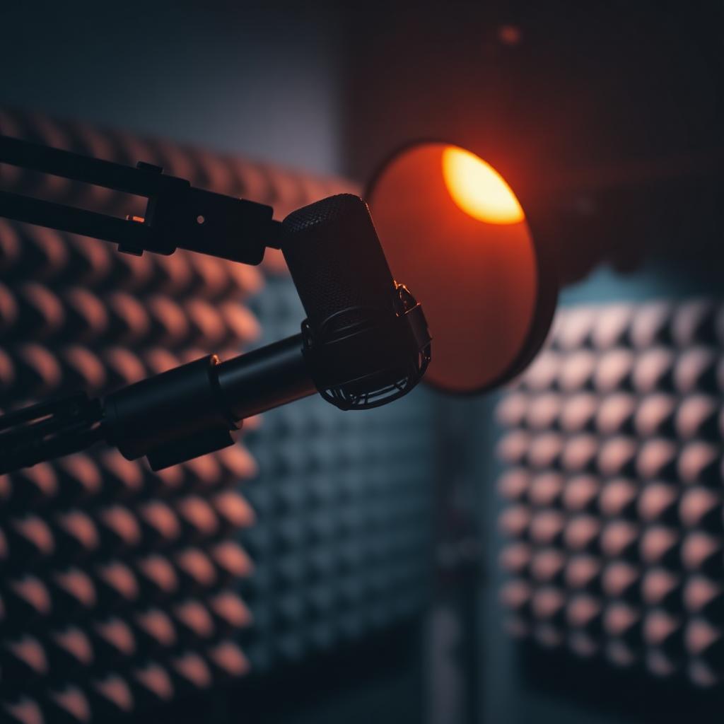 Estudio de grabación de podcast corporativo con micrófono profesional