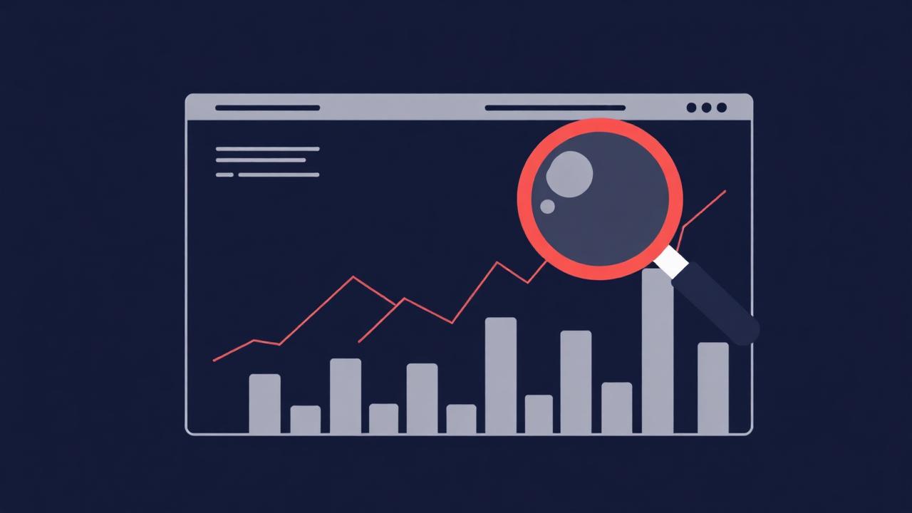 Ilustración editorial sobre medición del ROI del contenido orgánico: dashboard con gráficas y lupa
